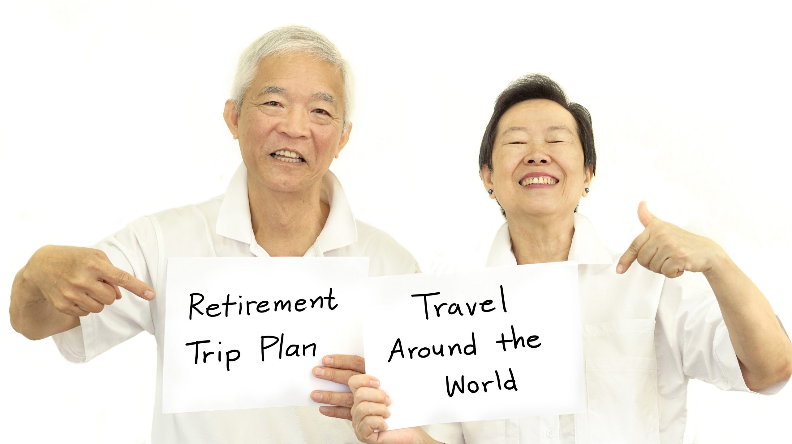Happy Asian senior couple planning retirement trip to travel aro